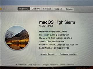 APPLE MACBOOK PRO A1707, SERIAL NUMBER C02V22GXHTD9, 2017 15